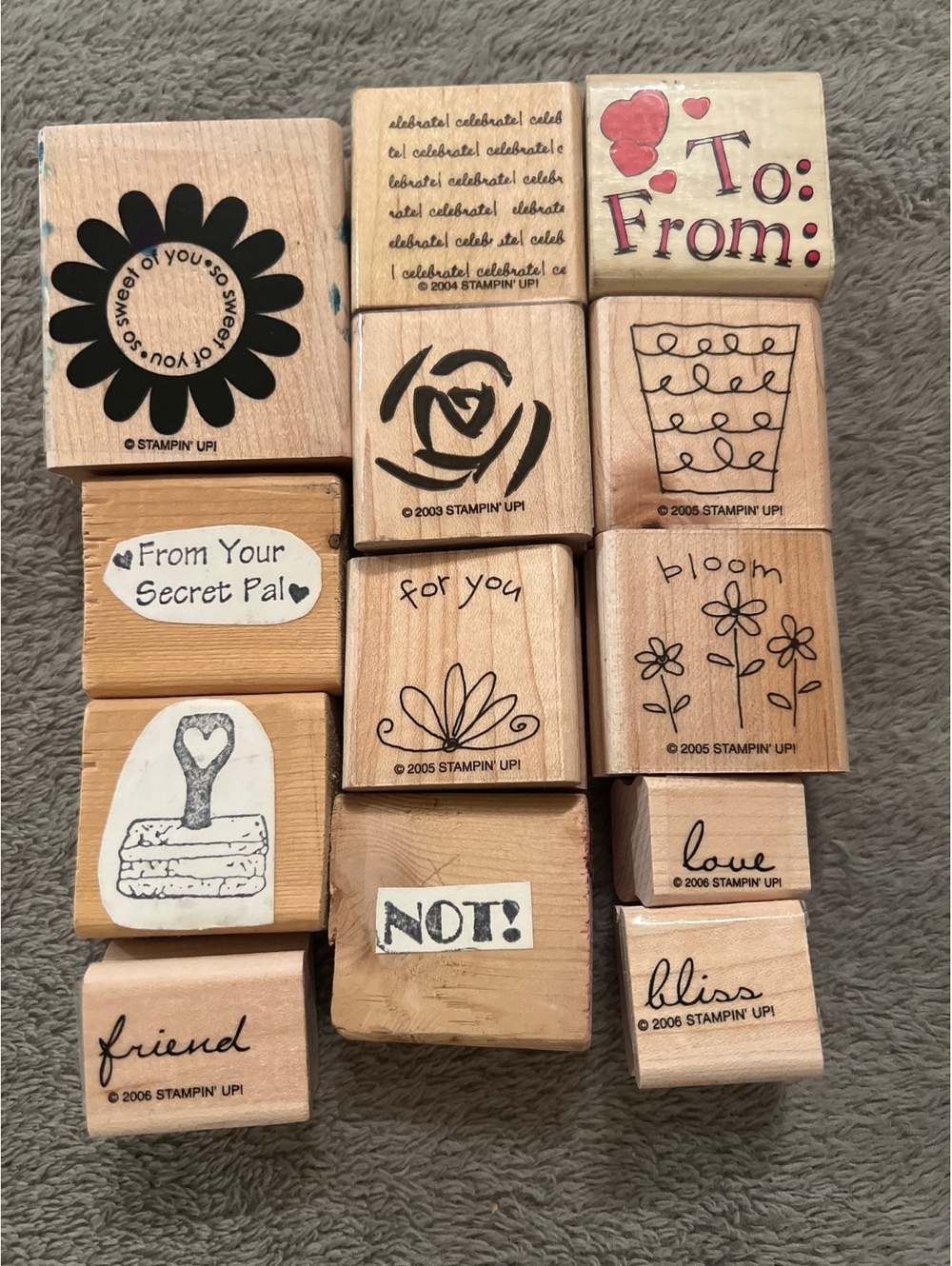 Set of 13 Vintage Wooden Rubber Stamps with Various Designs and Phrases